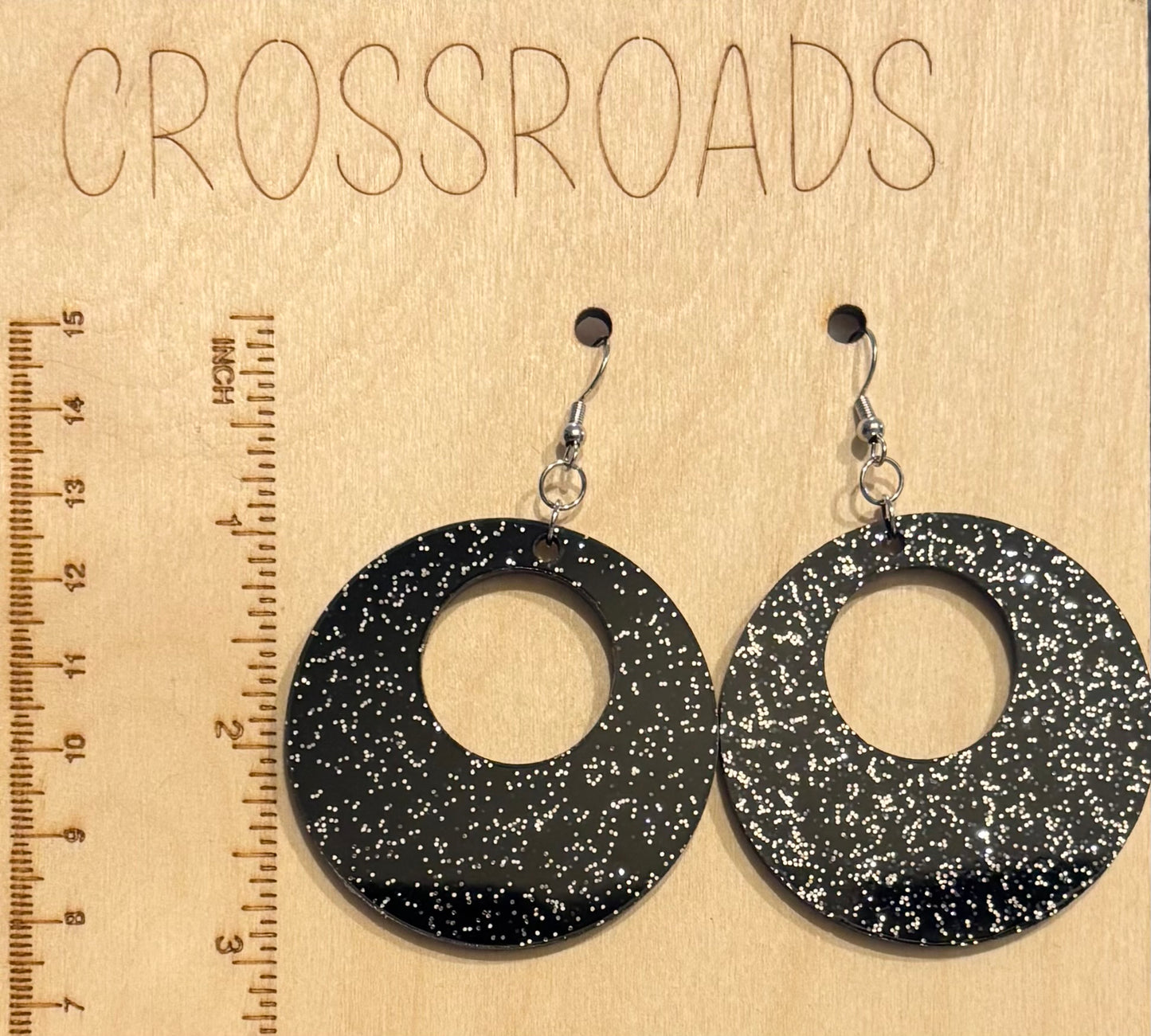 Offset Circle Earrings - Acrylic - Black Glitter