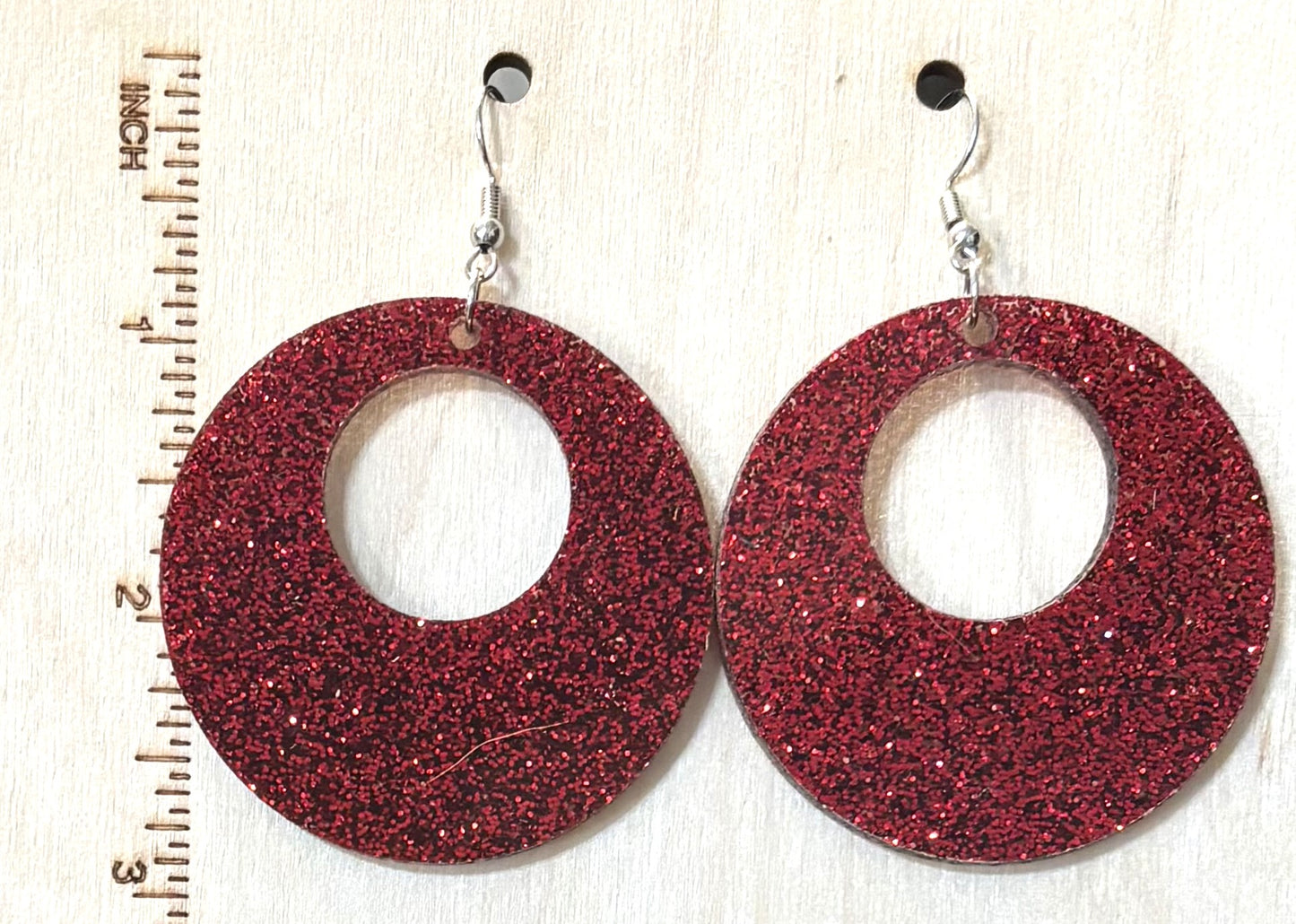 Offset Circle Earrings - Acrylic - Red Glitter