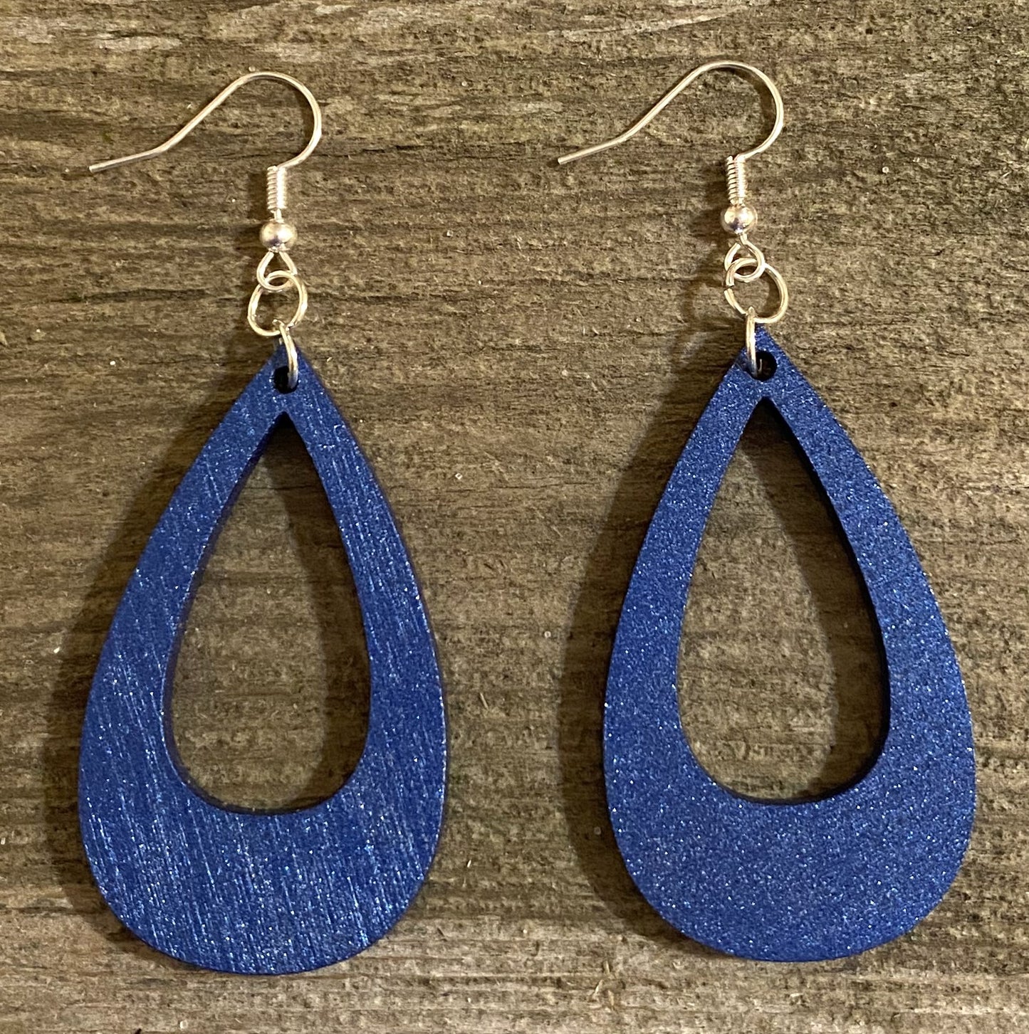 Offset Teardrop Wood Earrings, Blue Metallic