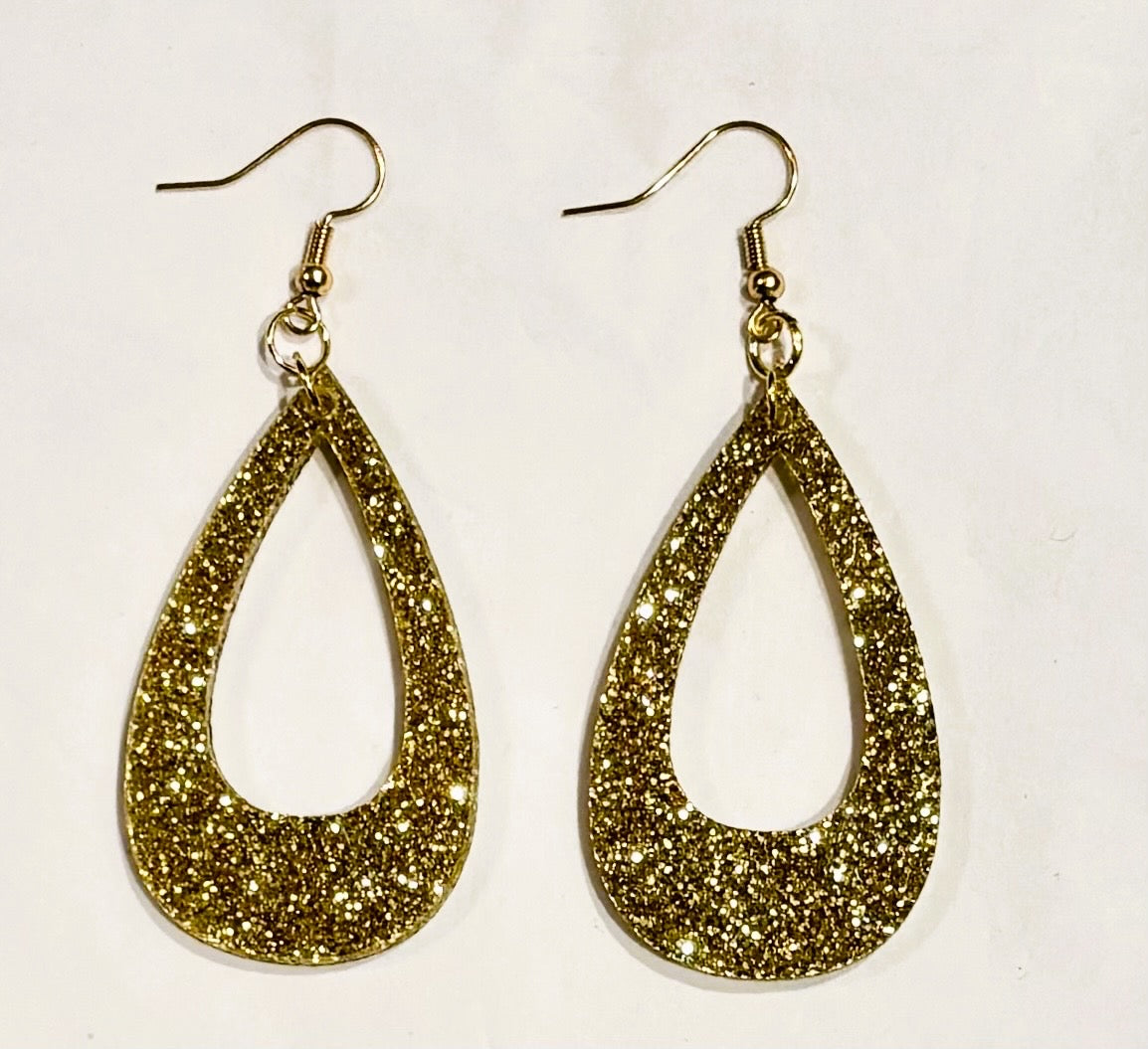 Offset Teardrop Acrylic Earrings, Gold Glitter