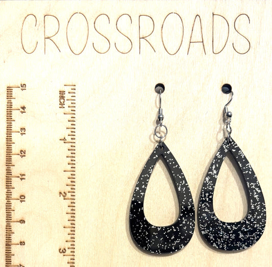 Offset Teardrop Acrylic Earrings, Black Glitter