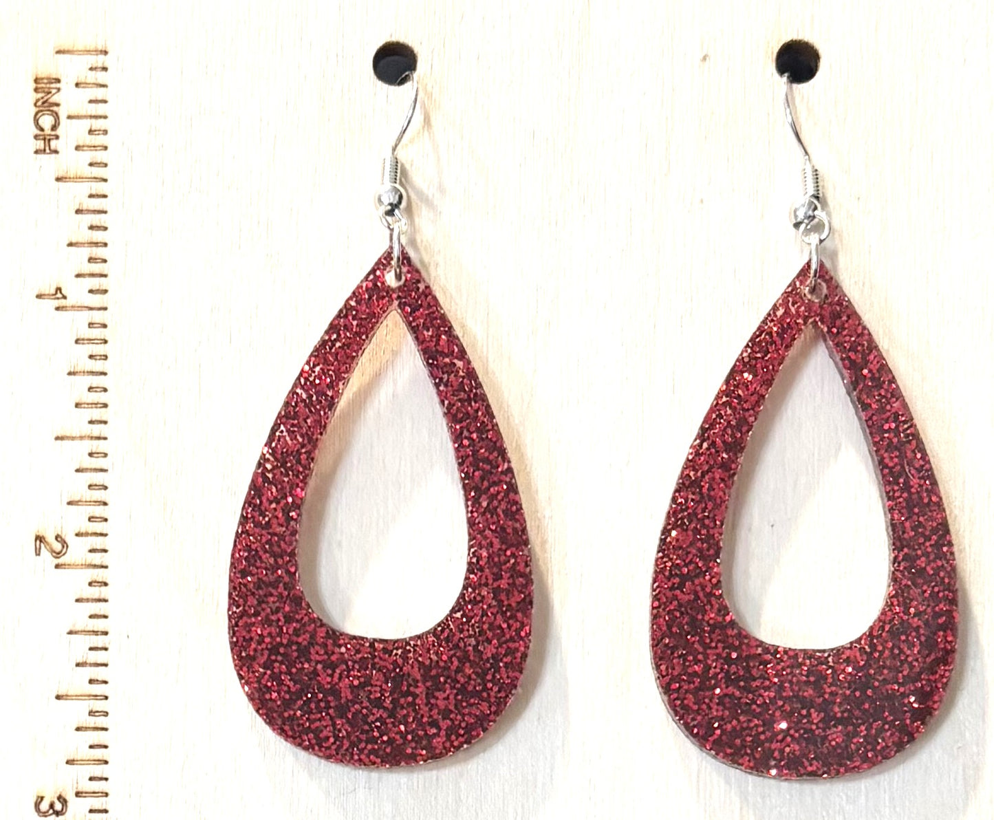 Offset Teardrop Acrylic Earrings, Red Glitter