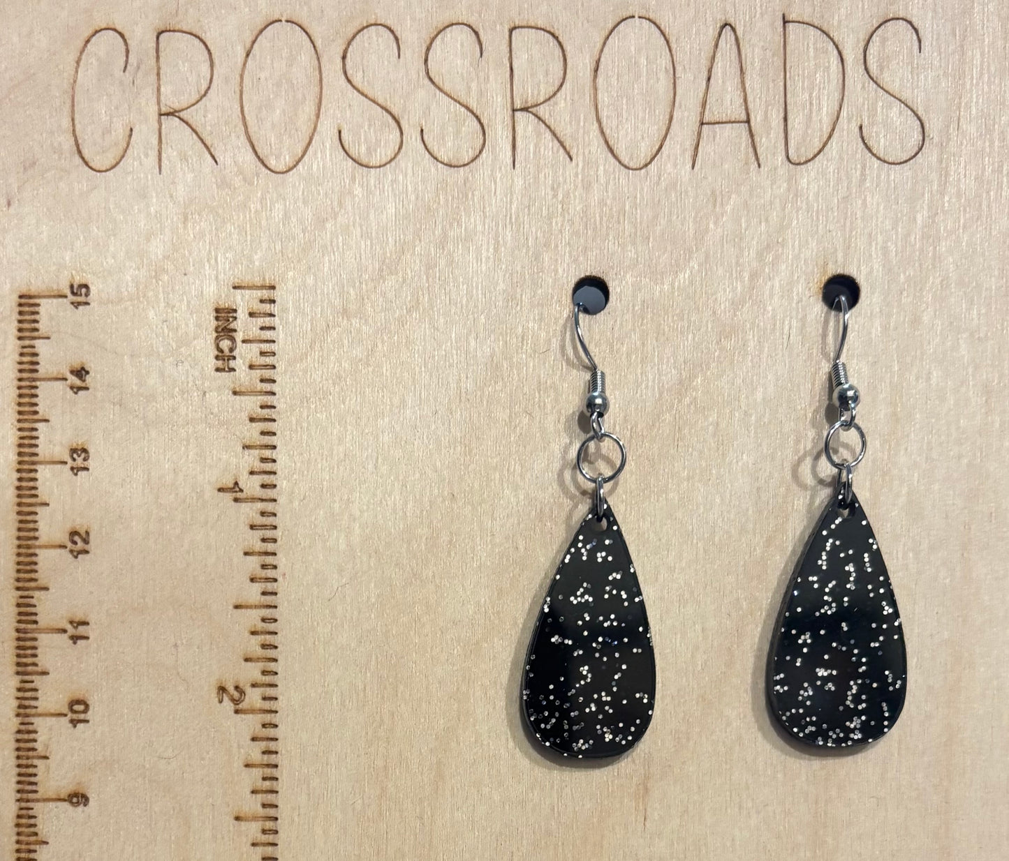 Mini Teardrop Earrings - Black Glitter Acrylic