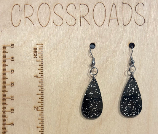 Mini Teardrop Earrings - Black Glitter Acrylic