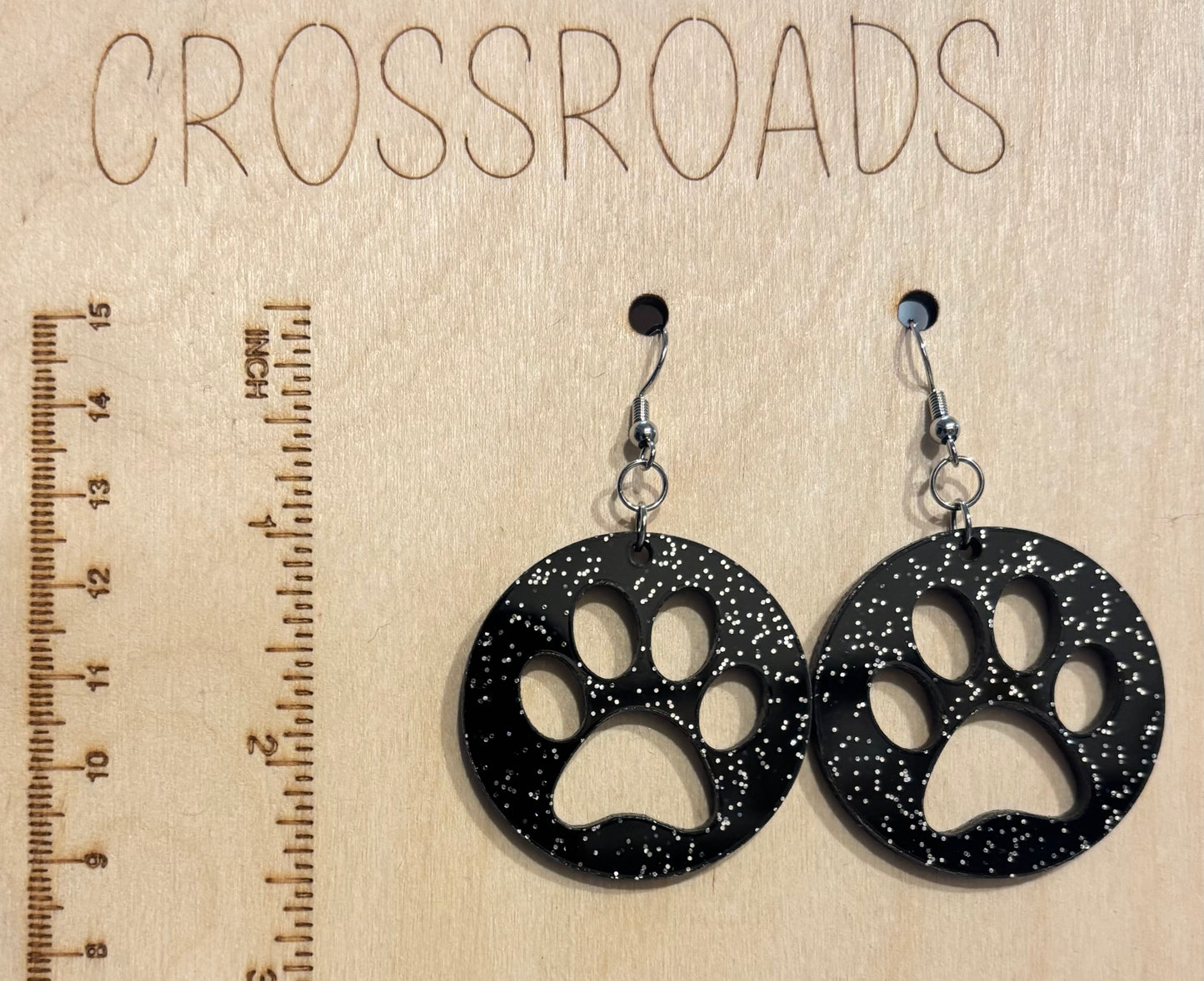 Paw Print Circle Acrylic Earrings, Black Glitter