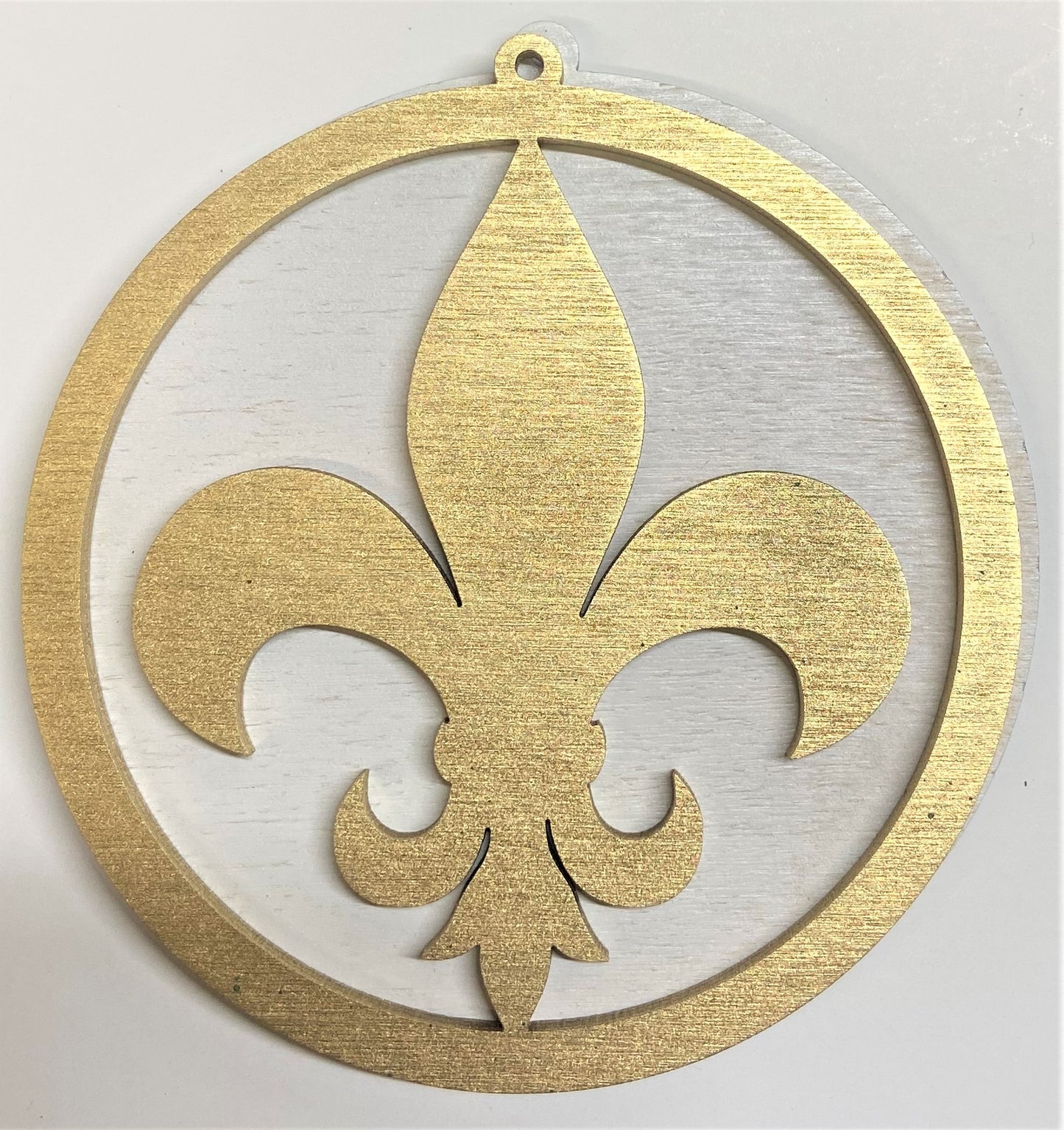 Fluer de Lis Wood Ornament - Gold over White