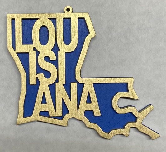 Louisiana Wood Ornament - Gold over Blue
