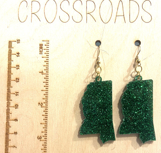 Mississippi Acrylic Earrings, Ivy Green Glitter