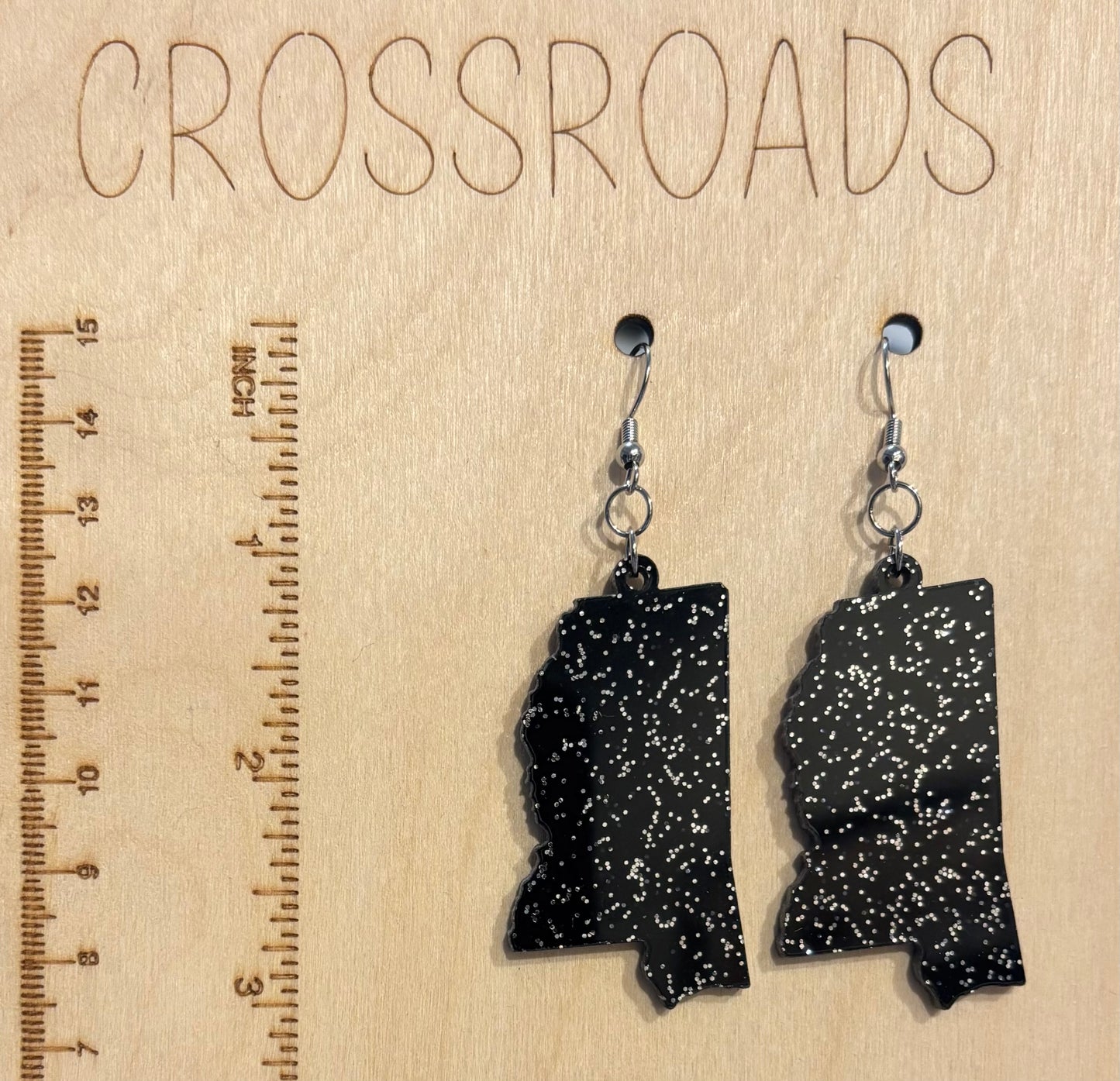 Mississippi Acrylic Earrings, Black Glitter