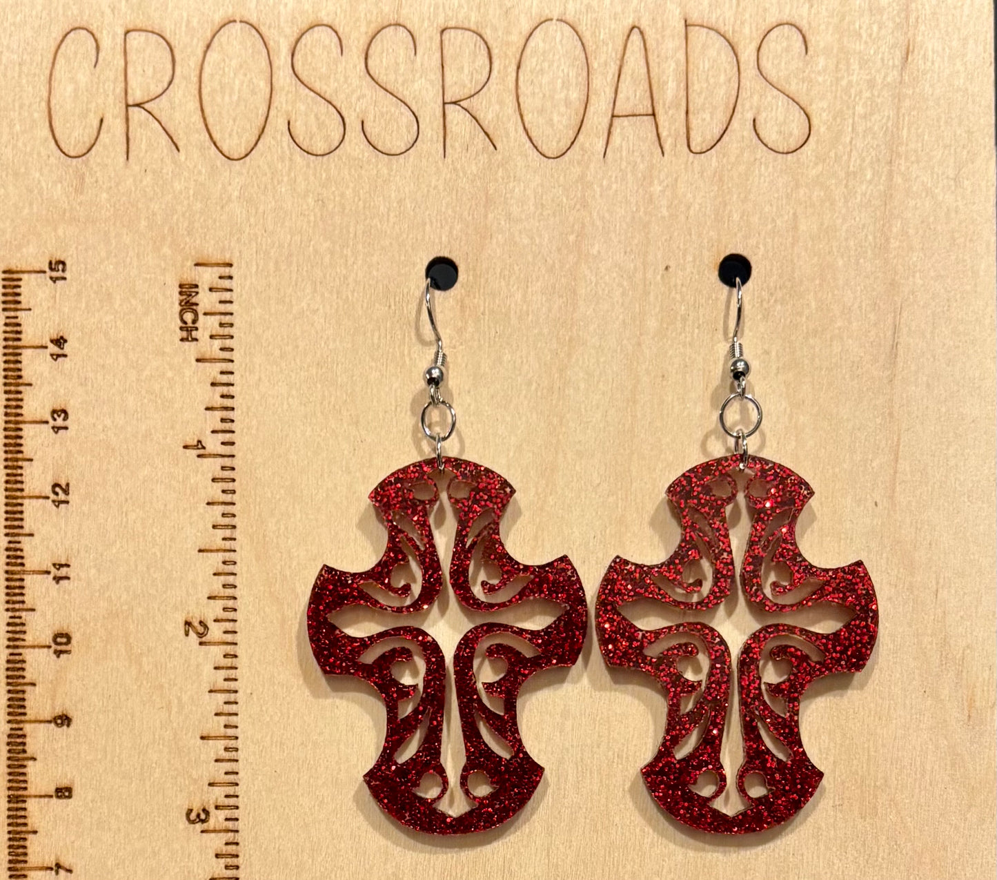 Cross Acrylic Earrings, Red Glitter