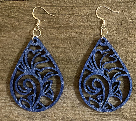 Teardrop Wood Earrings, Blue Metallic