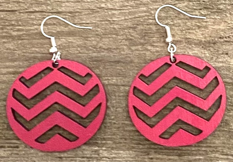 Chevron Design Wood Earrings, Magenta