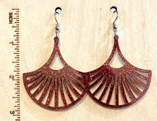Fan Acrylic Earrings, Red Glitter