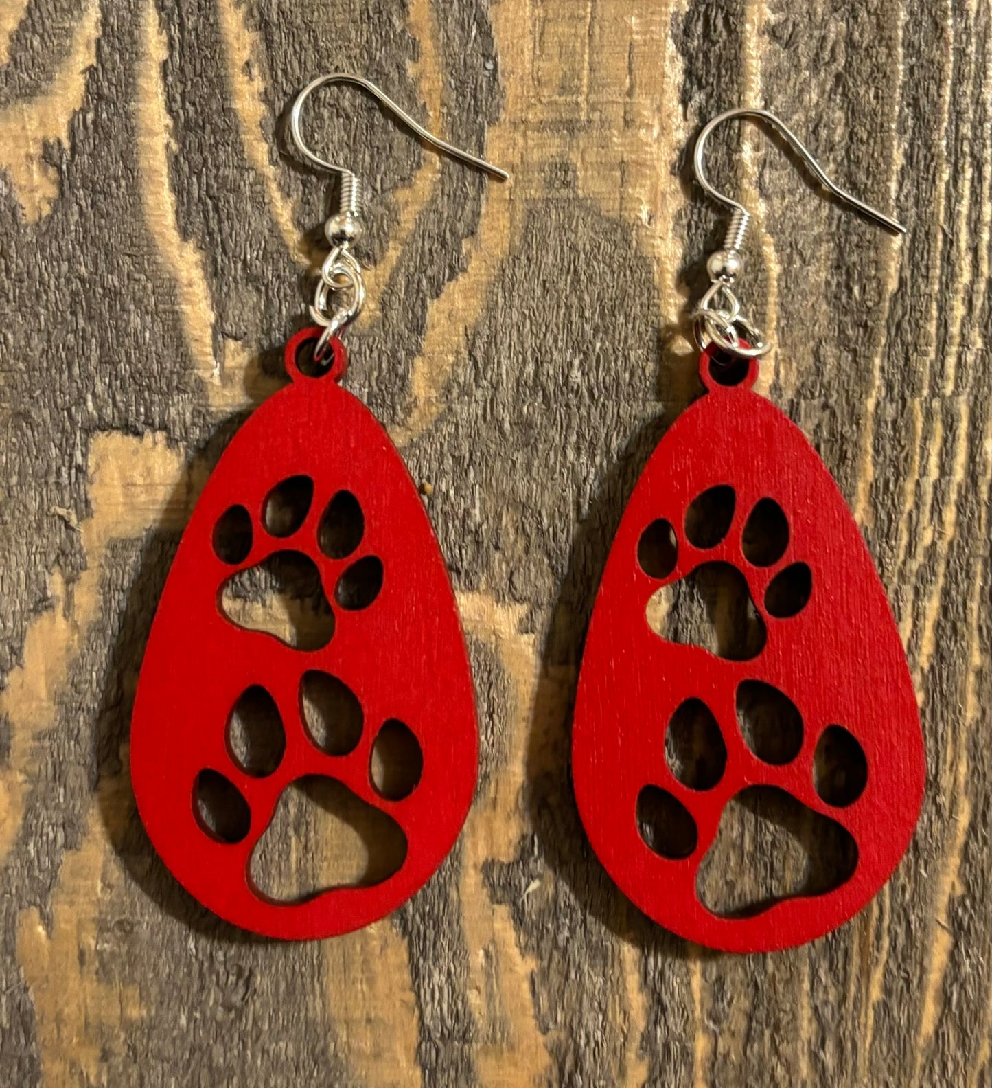 Teardrop Paw (2) Wood Earrings, Red