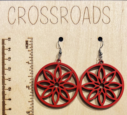 Circle Flower Wood Earrings - Poppy Red