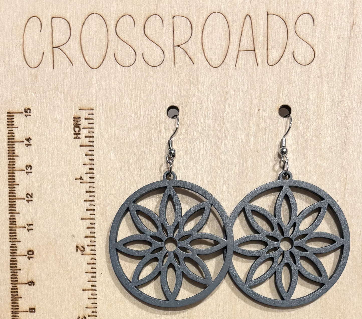 Circle Flower Wood Earrings - Slate Blue