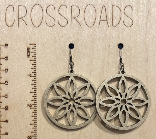 Circle Flower Wood Earrings - Metallic Gold