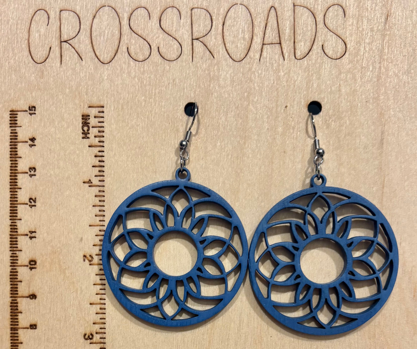 Mandala (1) Wood Earrings, Wildflower Blue