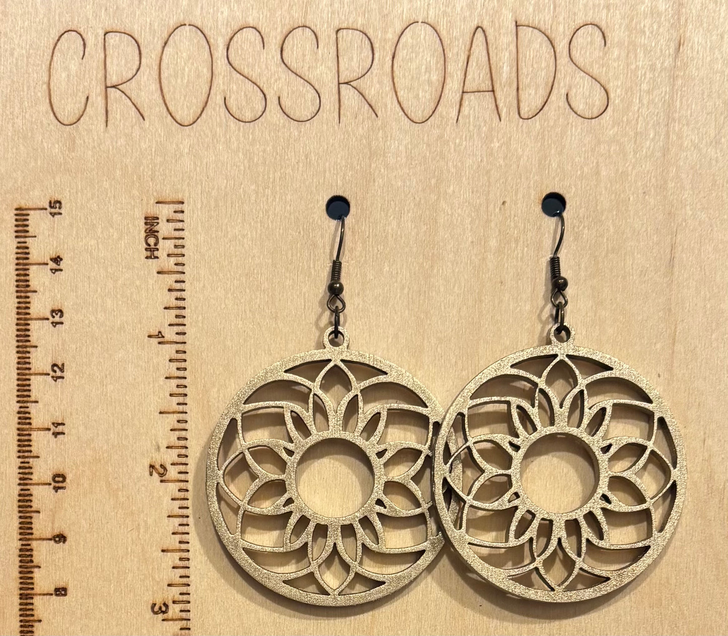 Mandala (1) Wood Earrings, Metallic Gold
