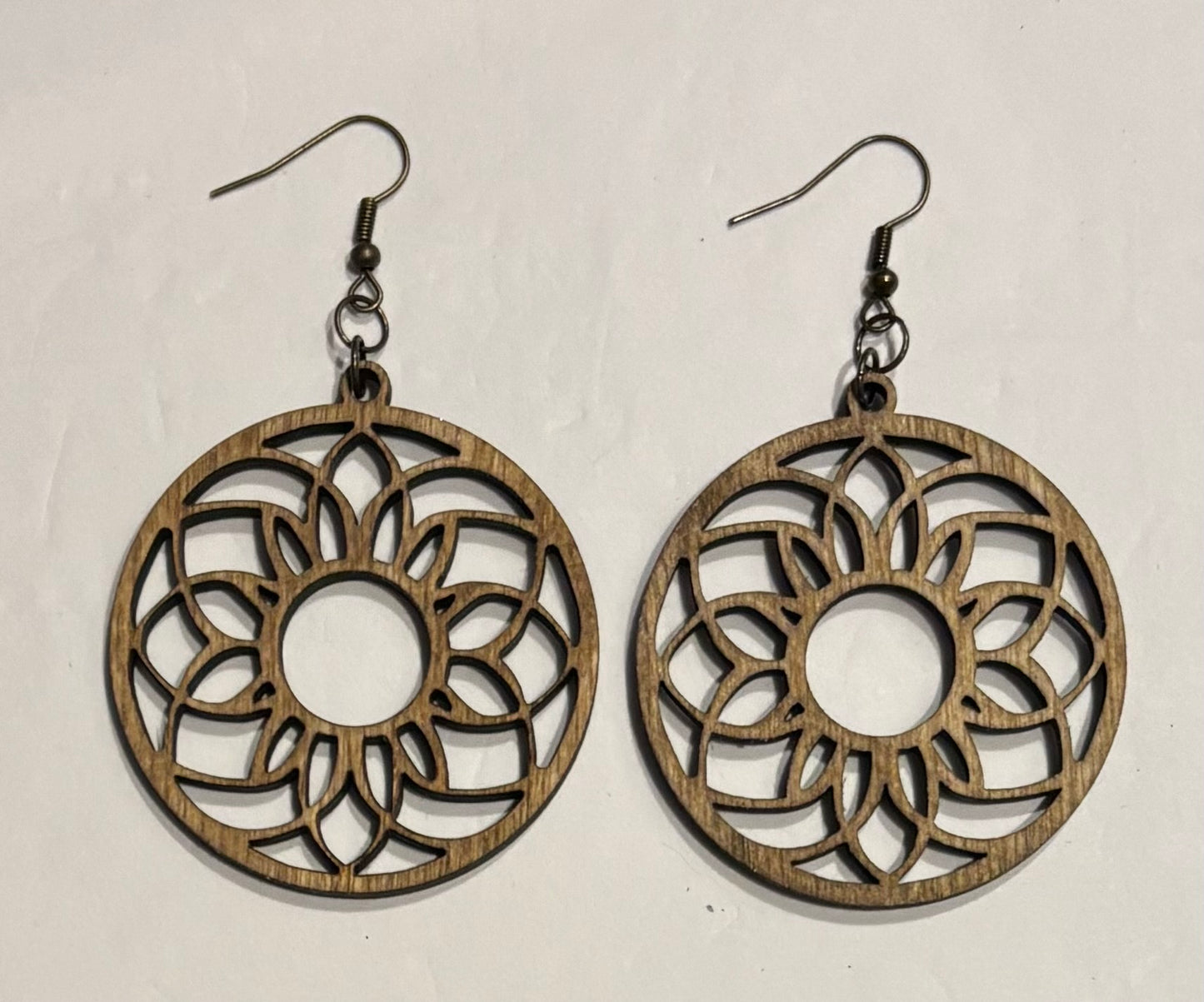 Mandala (1) Wood Earrings, Early American Stain