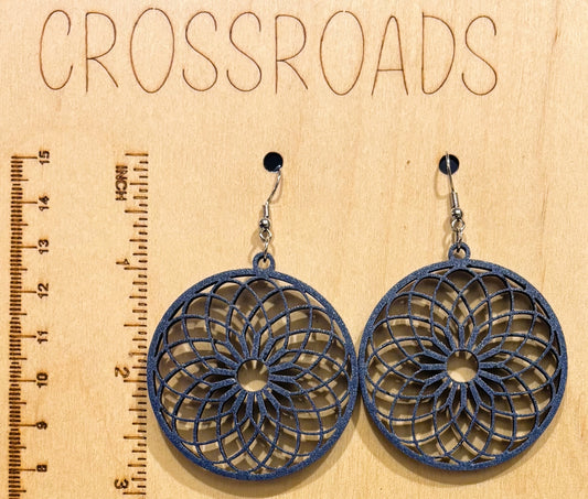 Mandala (2)  Wood Earrings, Blue Metallic