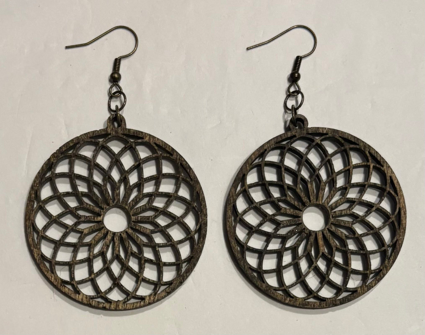 Mandala (2) Wood Earrings, Dark Walnut Stain