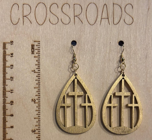 Three Cross Wood Earrings, bright gold