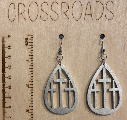 Three Cross Wood Earrings, Aluminum