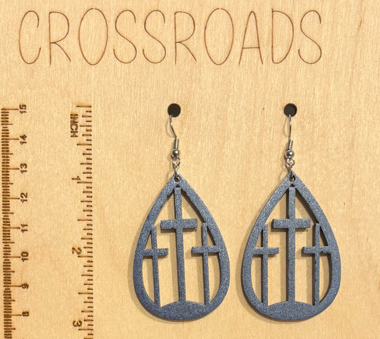 Three Cross Wood Earrings, Metallic Blue