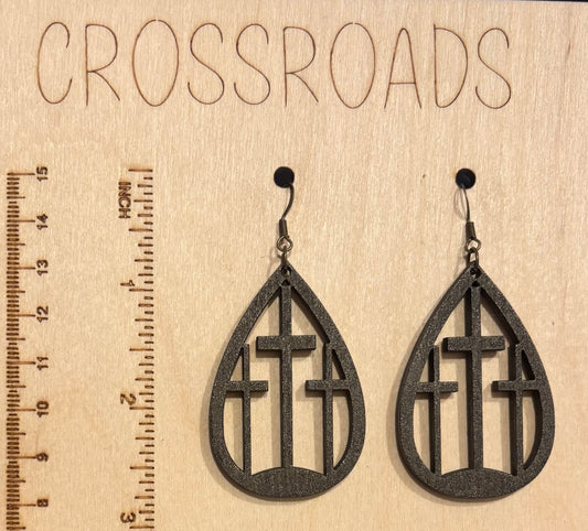 Three Cross Wood Earrings, oil rubbed bronze