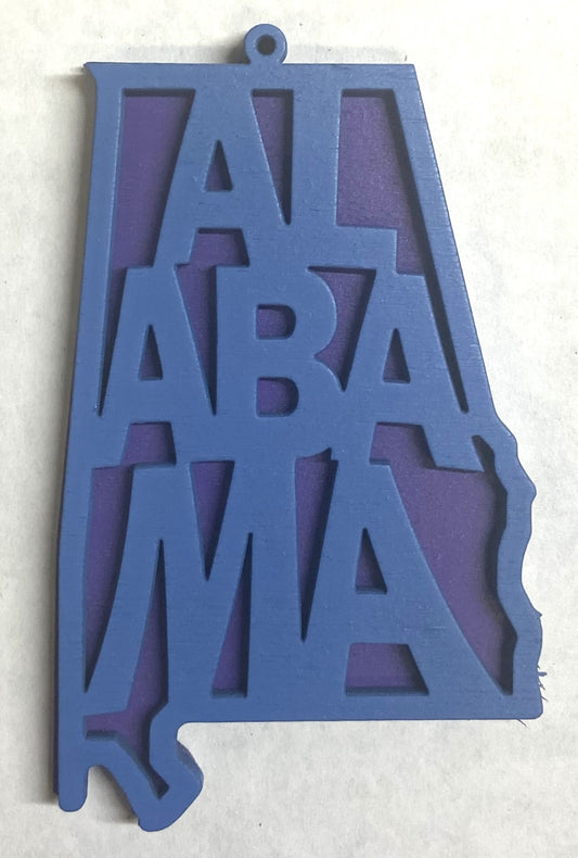 Alabama Wood Ornament - 4" x 2.4" - Wildflower Blue over Grape