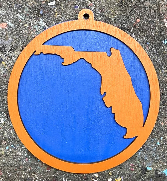 Florida Map Wood Ornament - Orange over Blue