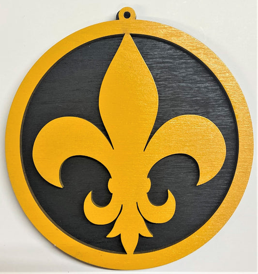 Fluer de Lis Wood Ornament - Marigold over Black