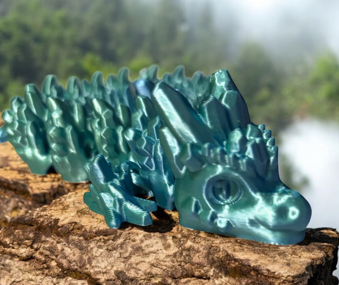 Articulated Baby Stone Dragon - 15" - Blue / Green Silk