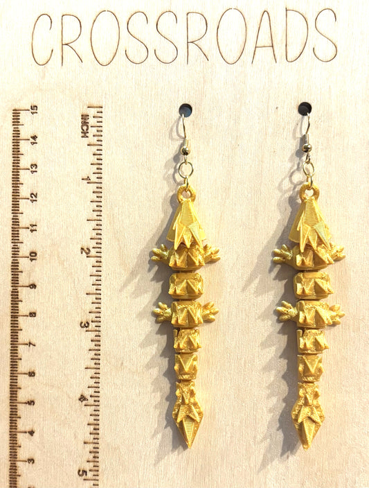 3D Printed Earrings - 3/4" x3-1/4" Dragon - GOLD