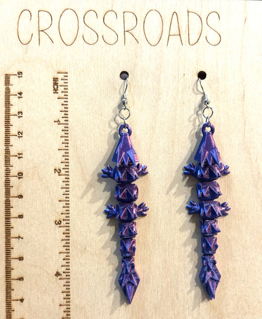 3D Printed Earrings - 3/4" x3-1/4" Dragon - BLUE/RED