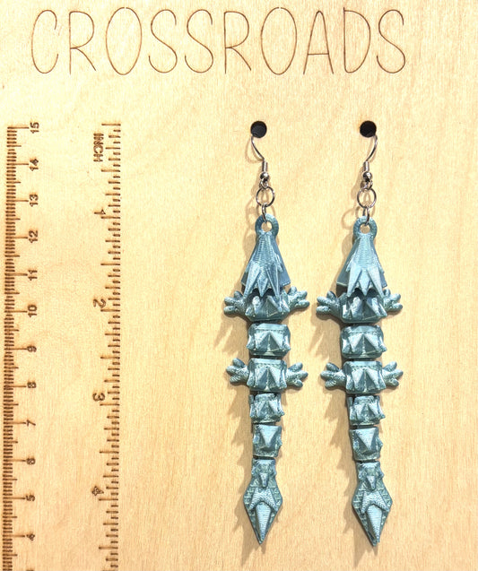3D Printed Earrings - 3/4" x3-1/4" Dragon - BLUE/GREEN