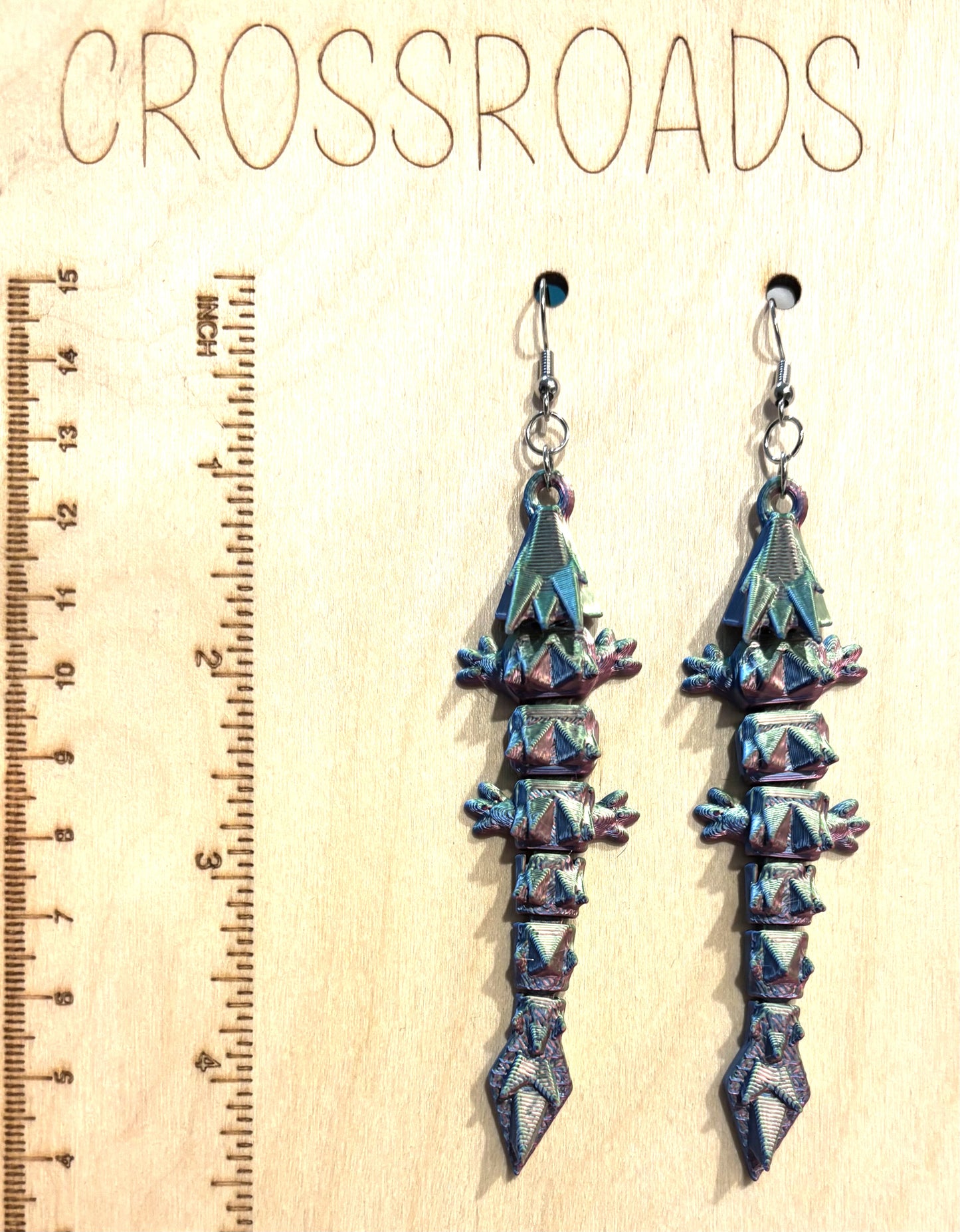 3D Printed Earrings - 3/4" x3-1/4" Dragon - BLUE/GREEN/PURPLE