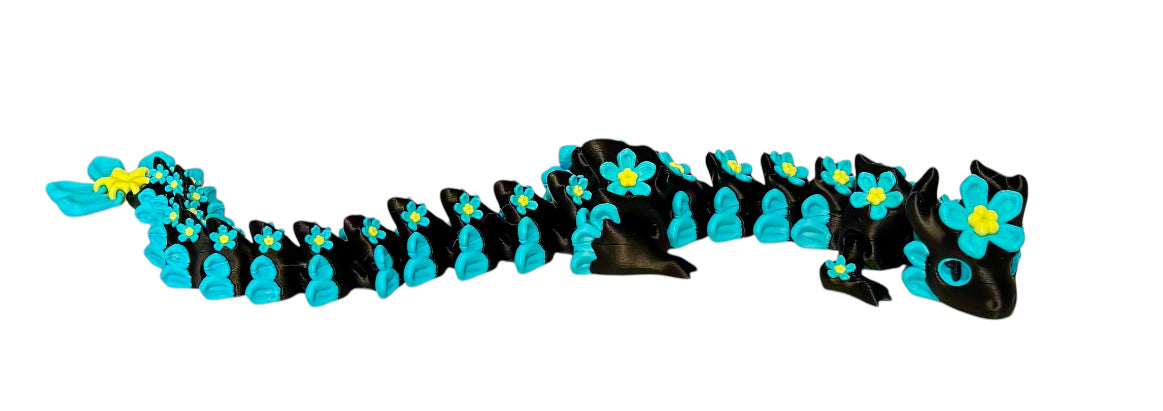 3D printed 16" Forget Me Not Dragon Black / Turquoise / Yellow