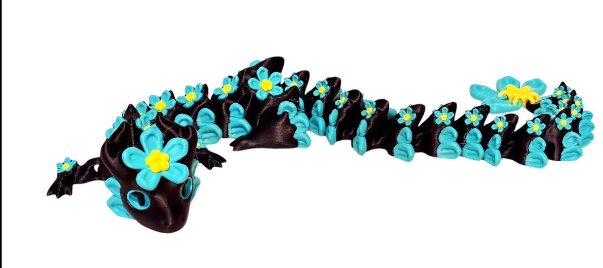 3D printed 16" Forget Me Not Dragon Black / Turquoise / Yellow
