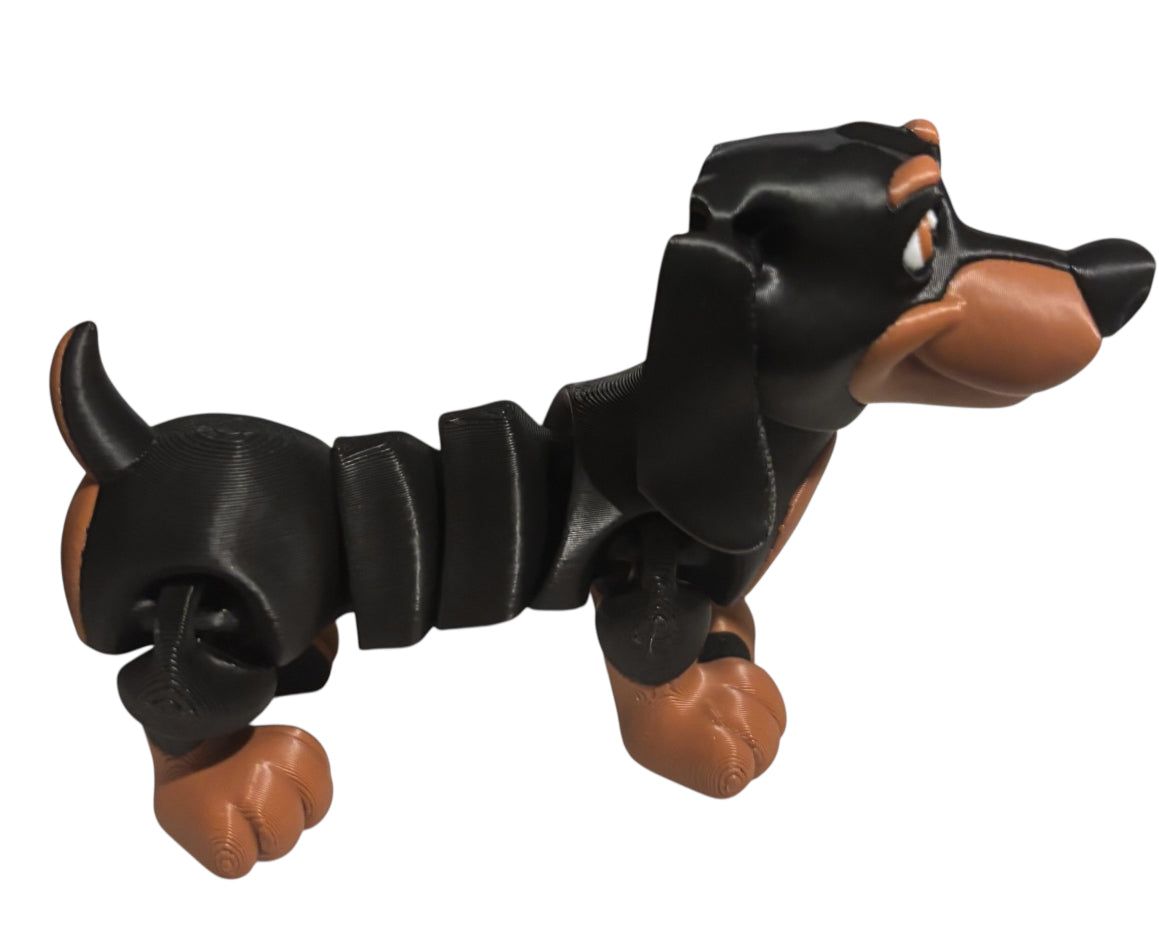3D printed 4-3/4" Articulated Dachshund - Black / Brown