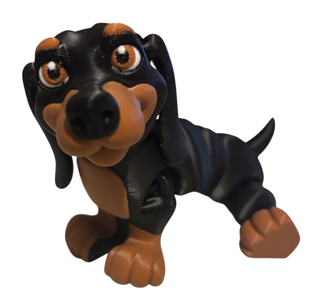 3D printed 4-3/4" Articulated Dachshund - Black / Brown