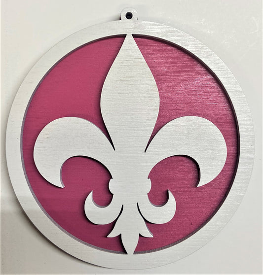 Fluer de Lis Wood Ornament - White over Pink