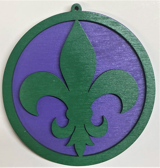 Fluer de Lis Wood Ornament - Green over Grape