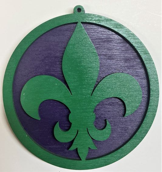 Fluer de Lis Wood Ornament - Green over Purple
