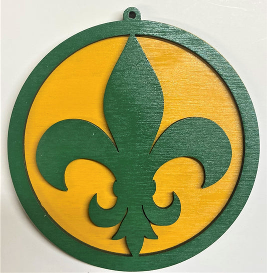 Fluer de Lis Wood Ornament - Green over Marigold