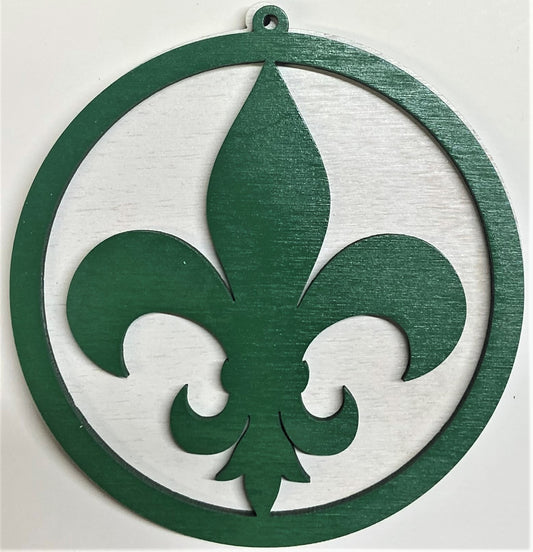 Fluer de Lis Wood Ornament - Green over White