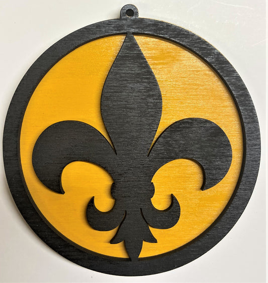 Fluer de Lis Wood Ornament - Black over Marigold