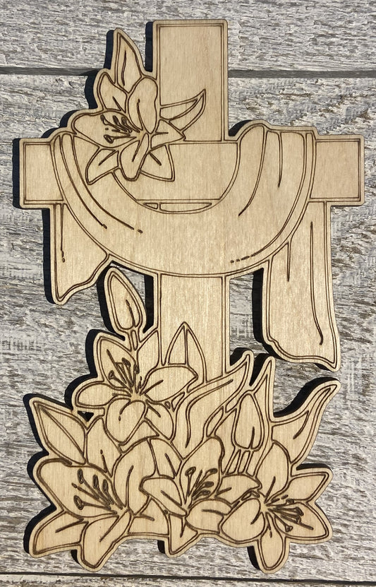 Ready to Paint Shape - 1/8" Birch - Cross w/Lillies  - S465