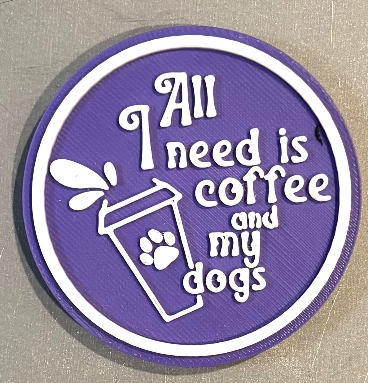 Coffee and Dogs Magnet 2-3/8" White over Purple